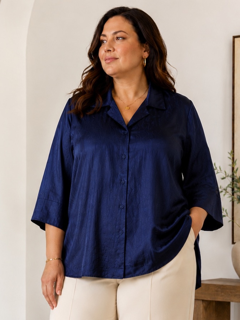 Venezia Navy Silk Blend Open Front Blouse Jacket 22/24 Plus Size